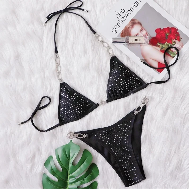 Bikini Sexy Rhinestone Two-Piece Women's Swimsuit Solid Color Tie Swimsuit