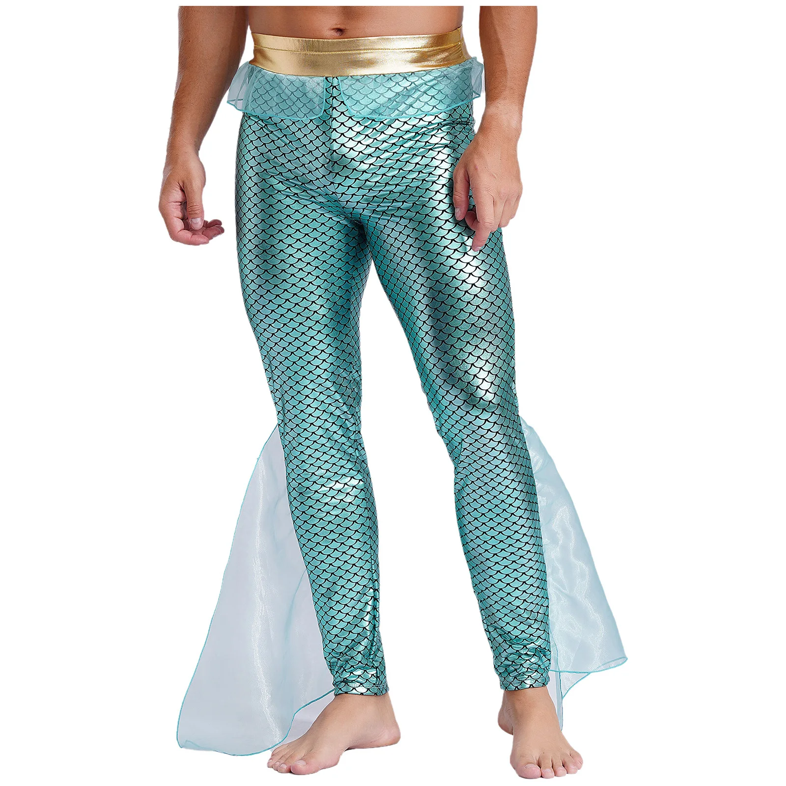 Calça sereia estampada em escala de peixe masculina, traje Halloween, rei do mar de Netuno, mitologia