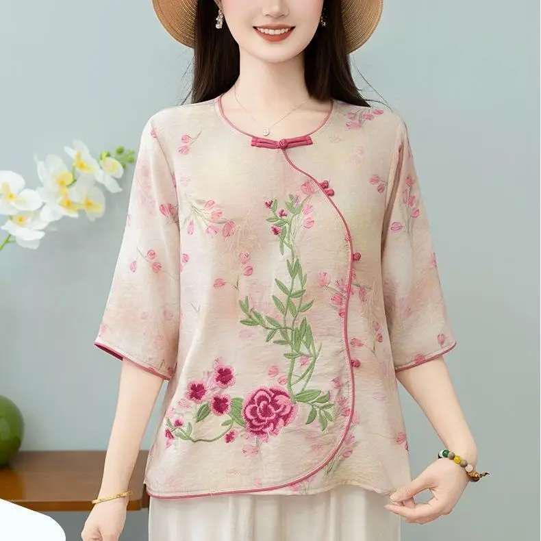 High-end ใหม่สไตล์จีน Retro ปักพิมพ์กลางแขนเสื้อผู้หญิงหลวมด้านบน