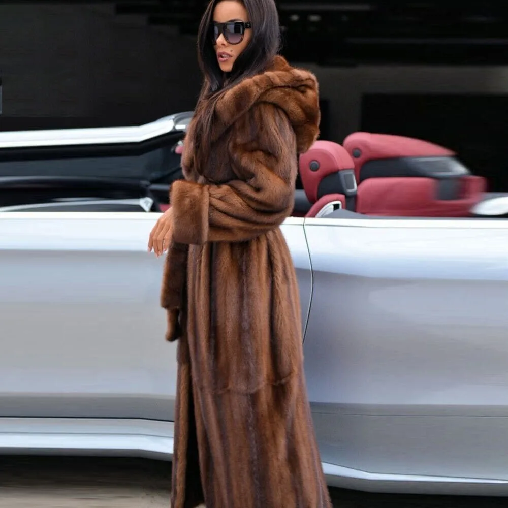 Women 100% Real Mink Fur Coat Hooded Trench winter Warm Overcoat Long Jacket 120cm luxurious authentic outwear for lady female