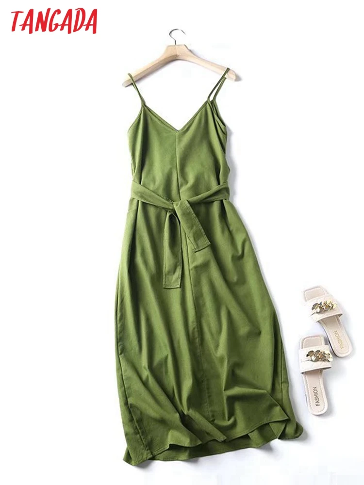 Tangada 2023 fashion women green cotton linen bow dress vintage sleeveless ladies midi dress 4C71