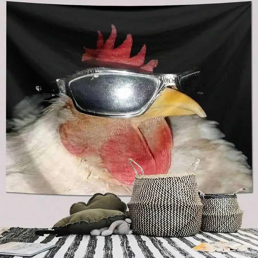 Cool Chicken with Sunglasses Tapestry, Funny Animal Wall Hanging, Polyester Fabric Art for Bedroom Decor