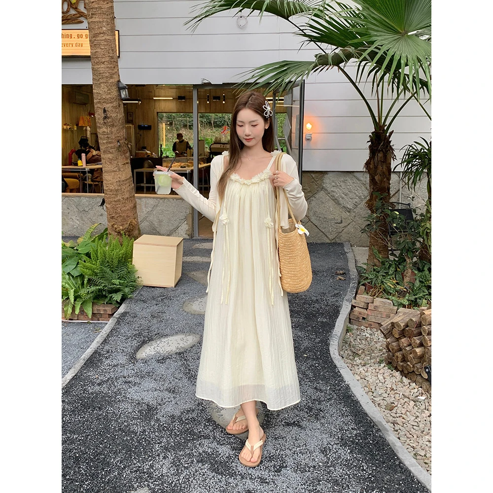 Fashionable 2026 Autumn New Arrival Women's Long Sleeve Chiffon Halter Dress Set Floral Splicing Cardigan Citywalk Suitable