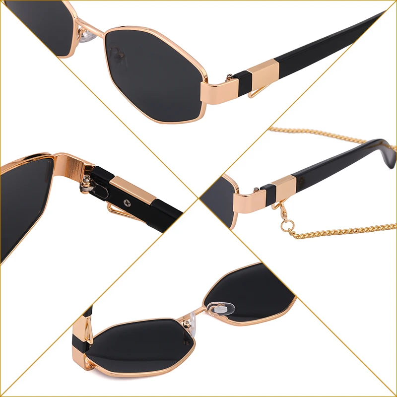 Vintage Punk Sunglasses Women With Chain Small Frame Sun Glasses for Ladies 2024 Luxury Brand Designer Hexagon Eyewear UV400