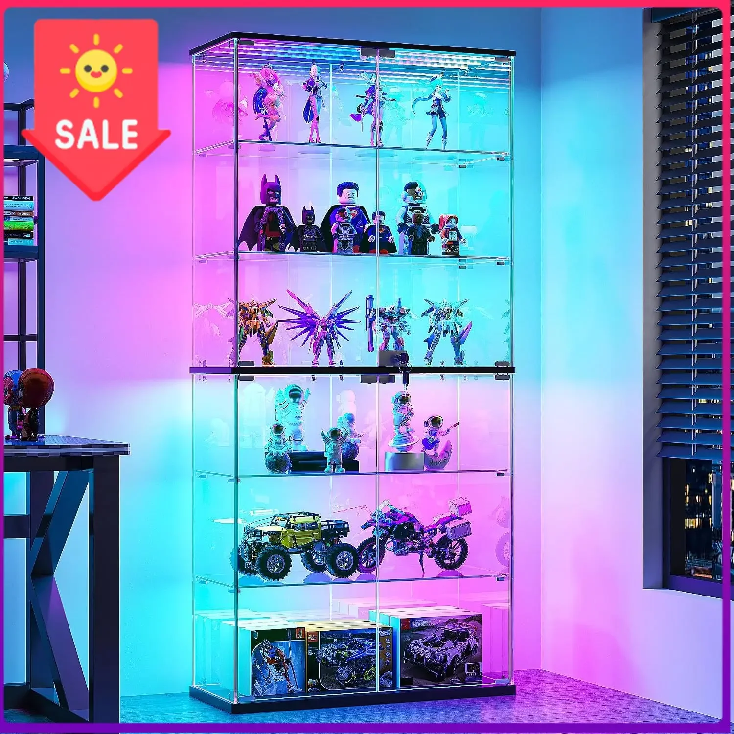 6-Tier Glass Display Cabinet, RGB LED Lights for Collectibles | 70
