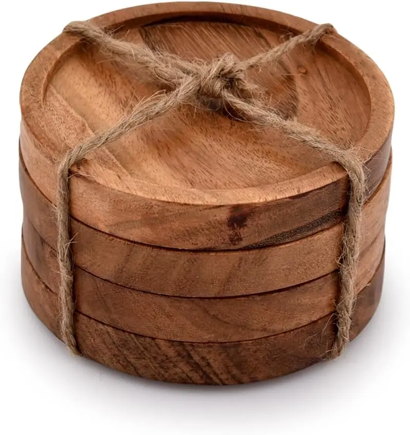 Natural Acacia Wood Coaster Set – 4 Wooden Drink Coasters for Glasses, Elegant Tabletop Protection for Every Table
