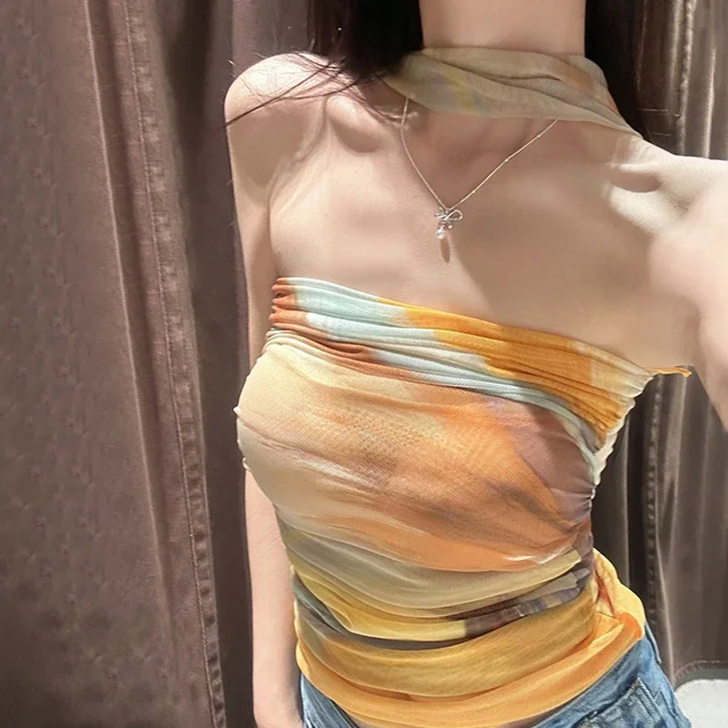 

2025 Summer New Halter Neck Tube Top Pleated Slim Fit Niche Design One-line Chest Wrap Top For Women