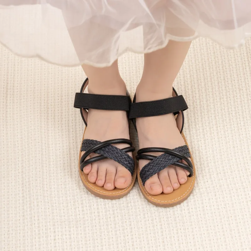 Girls Braided Sandals Summer Cross Strap Children Beach Shoes Non-slip Breathable Kids Open-toe Flat Sandals for Outdoor School