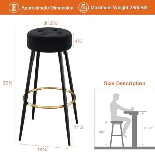 Veludo estofado jantando a cadeira, tamboretes pretos, apoio para os pés dourados para a ilha da cozinha, 30"