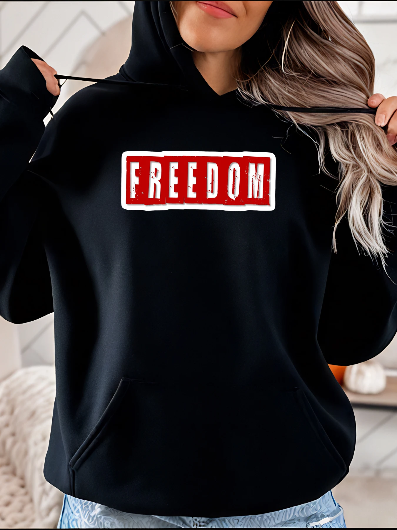 

Freedom Print Hoodie Women's Casual Streetwear Sweatshirt Black Pullover Autumn Winter Fashion Top