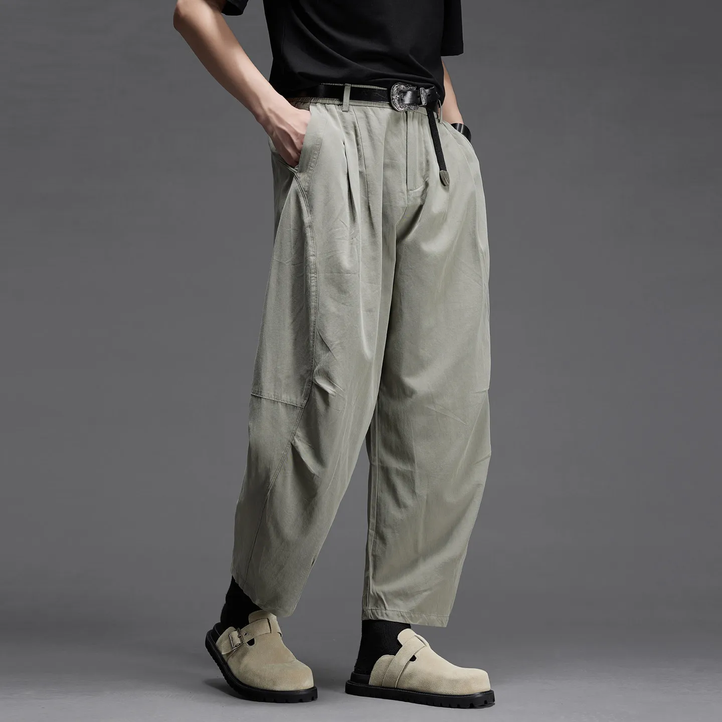 High Quality Japanese-Style Retro Green Loose Spring Summer Cool Fashion Men's Lantern Cropped Wide-Leg Pants