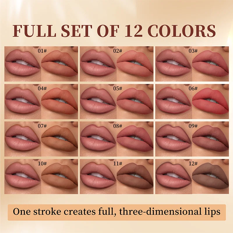 12 Color matte lip liner set, long-lasting lipstick, non-decolorizing hook lip pen, makeup