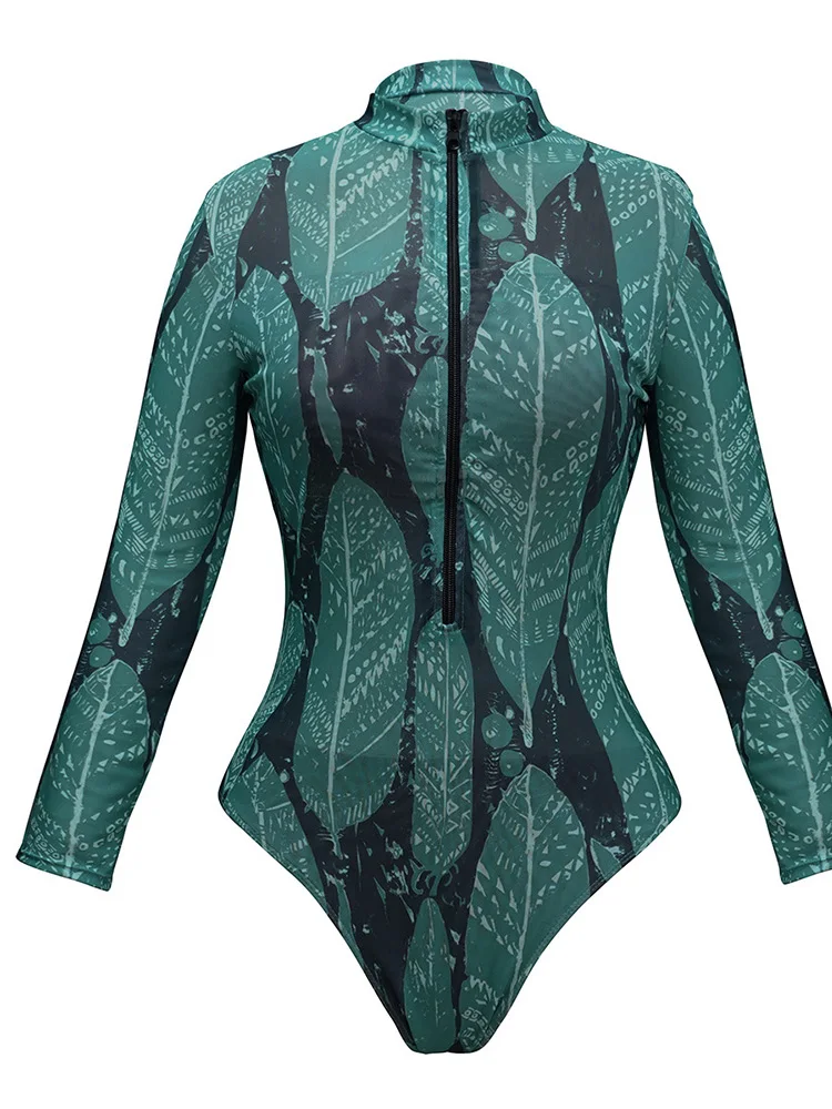 Tropical Leaf Print Swimsuit Long Sleeve Zip Up One Piece Monokini Sun Protection Swimwear Women Beachwear Bathing Suit