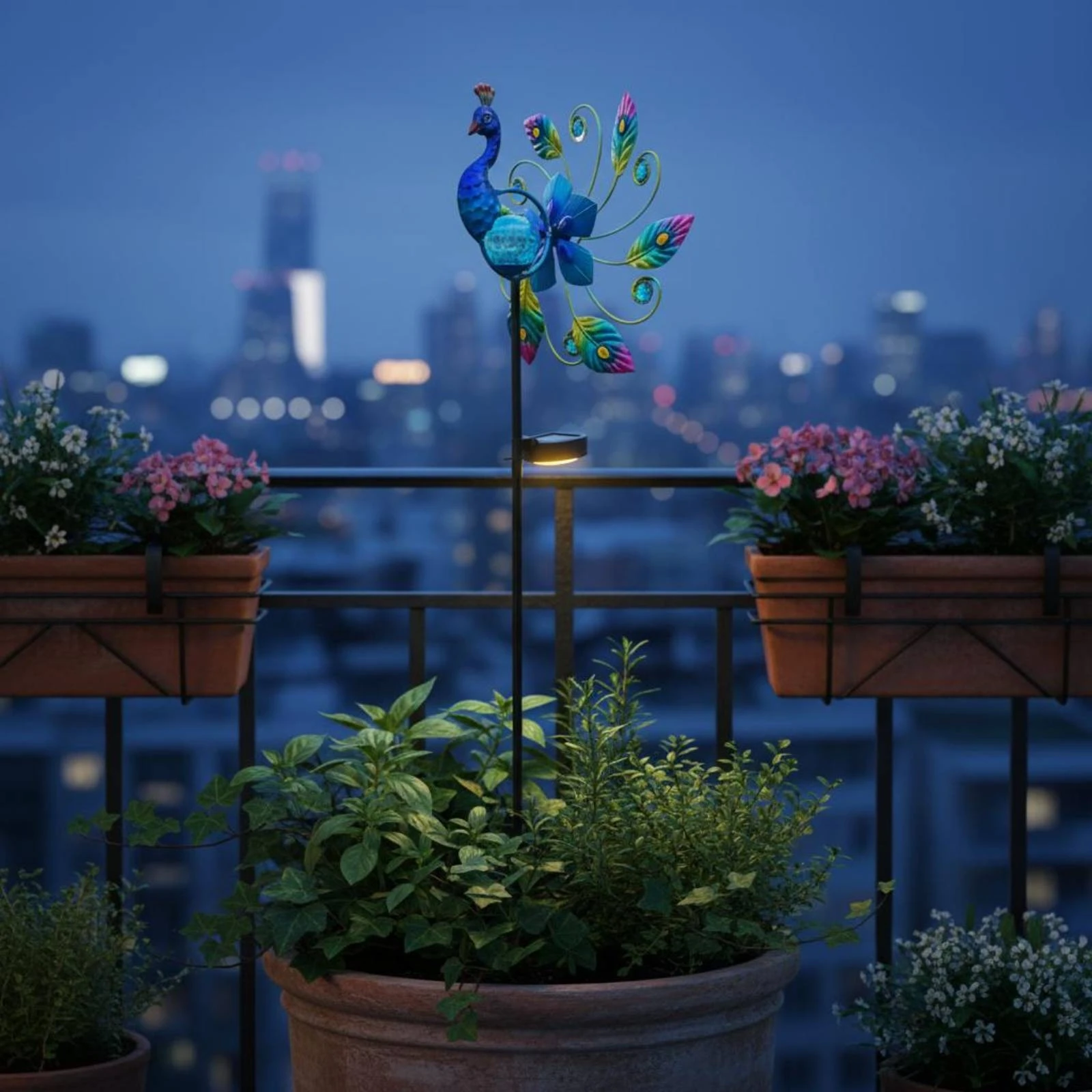 

Solar Peacock Stake Feather Shaped Blades Peacock Wind Rotator Solar Wind Rotator Translucent Globe Outdoor Decor Iron