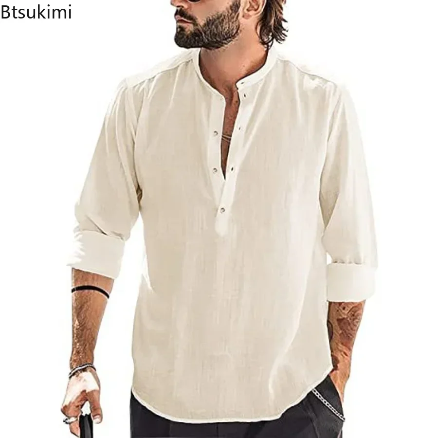 

2025 Men's Cotton Linen Shirts Fashion Solid Stand Collar Loose Casual Long-sleeved Blouses Simple Versatile Men Clothing Shirts