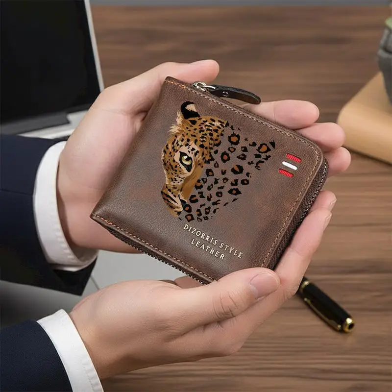 Men's Leopard Print Bifold Wallet Short Zipper Wallets Slim Classic Coin Pocket Holder Wallet Card Holder Frosted Leather Gift