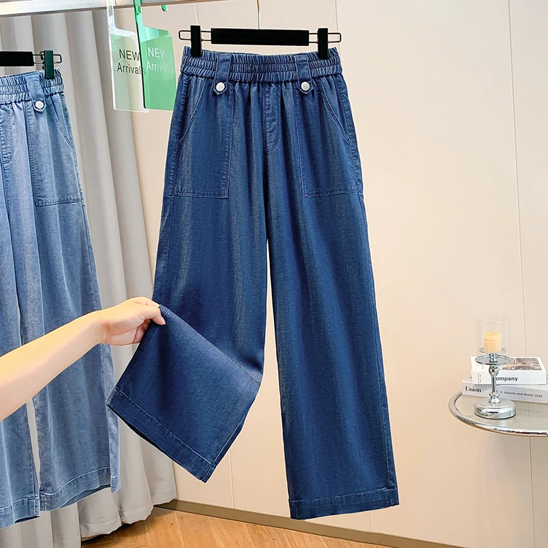 夏ルーズ女性のストレートデニムパンツ特大ヴィンテージ弾性ウエストワイドレッグジーンズ多用途カジュアルクロップドパンツ