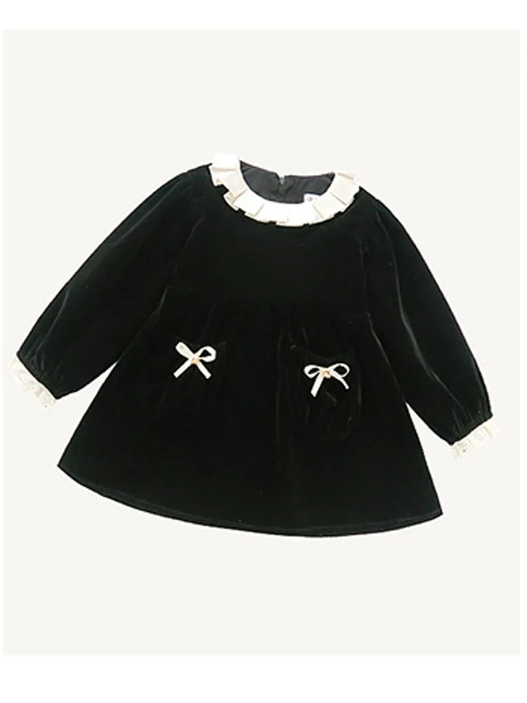 Vintage Plain Black Dress For Kids Long Sleeve Little Girls Velvet Dresses 2 3 4 5 6 7 8 9 10 Year Lapel Clothes With Pockets