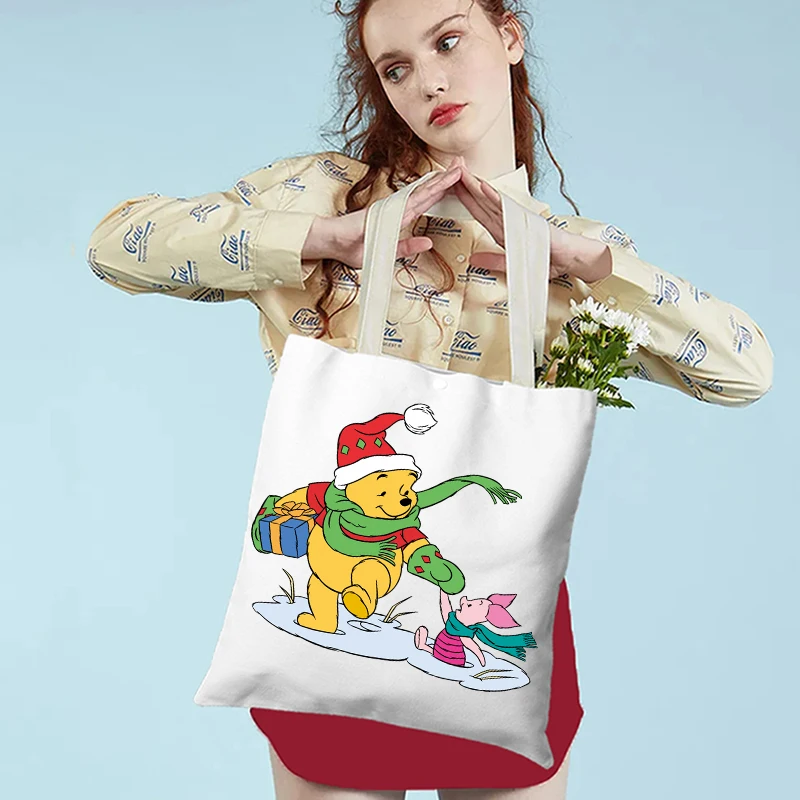 Disney Cartoon Anime Piglet and Winnie The Pooh Playing Priting Tote Bag Shopping Bags Lightweight Shoulder Handbag Eco Handbags