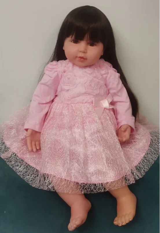 Baby Silicon Doll Long Hair Soft Silicone Vinyl Reborn Toddler Girl Doll Pink Princess Dress  Lifelike Real Baby Long wig Hair