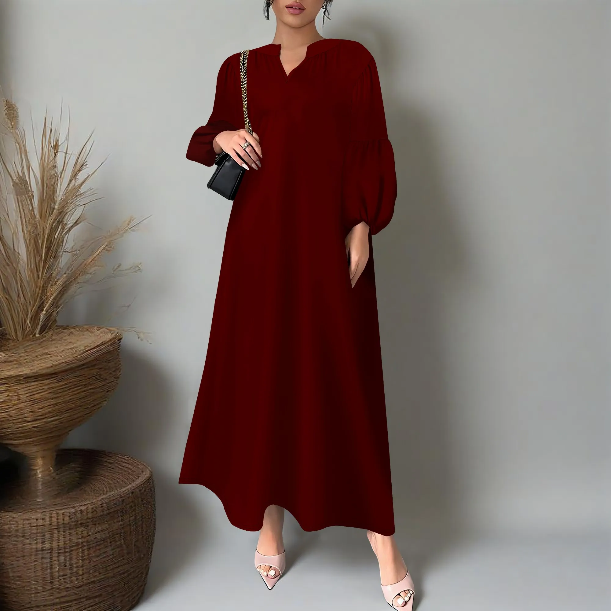 Shift ชุดเดรสสําหรับผู้หญิงคอวีแขนสั้นสีทึบชุดลําลอง Flowy ฤดูร้อน (XS-3XL)