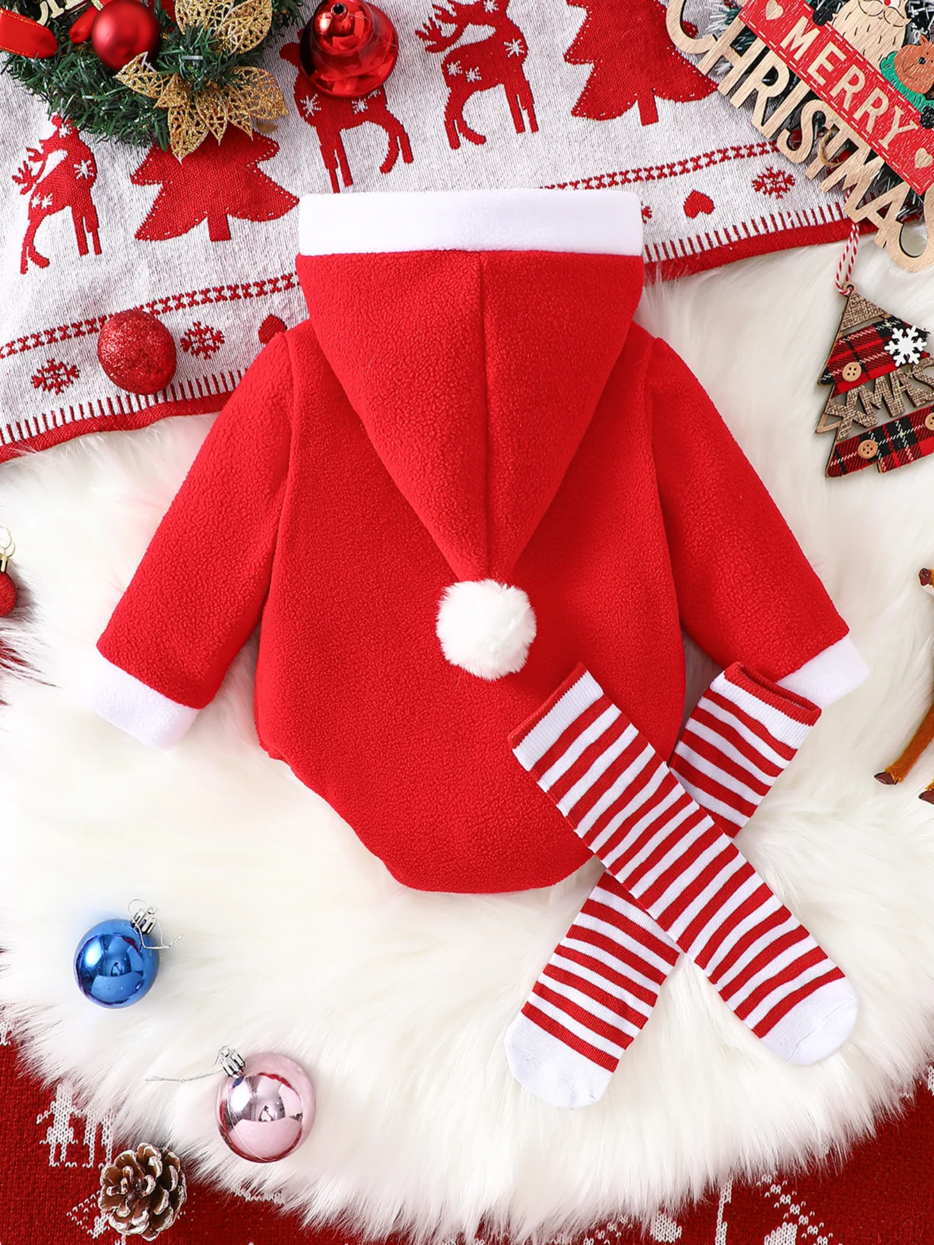IURNXB Baby Santa Claus Costume 2Pcs Clothes Set Infant Hooded Red Fleece Bodysuit + Socks Newborn Christmas Outfit Xmas 1-18M
