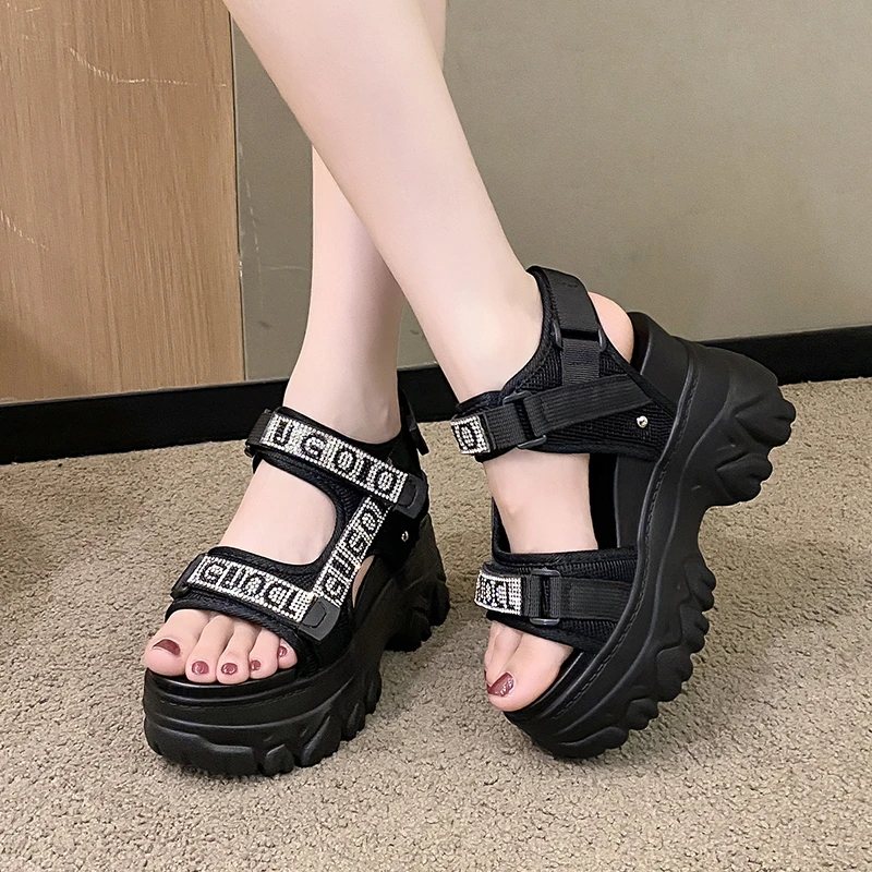10cm Summer Sandals Black Chunky Platform Sandals Ladies Elevated Shoes Non-slip Thick Sole Sandal Women's Roman Style Sandals