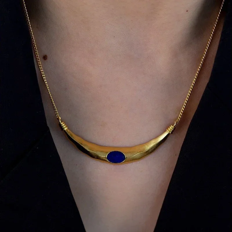 Classic art ancient gold crafts wire drawing pendant original High quality retro lapis lazuli chain collar necklaces jewelry