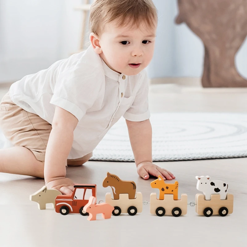 Wooden Train Farm Toy Montessori Toys Baby Educational Toys Farm Animals Put Bu ilding Blocks Baby Room Decoration  Baby\'s Gifts