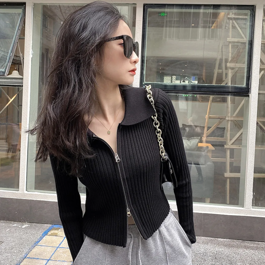 TVVOVVIN Fashion Fur Collar Long Sleeve Slim Knitted Cardigan Solid Color Screw Thread Open Navel Zipper Sweater Korean Khz3