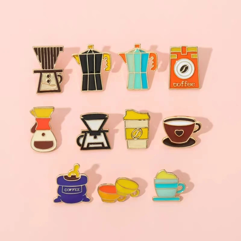 Custom Coffee Pot Mug Beans Enamael Pins Hand-grinded Coffee Lapel Badges Backpack Retro Vintage Cafe Jewelry Gift for Friends