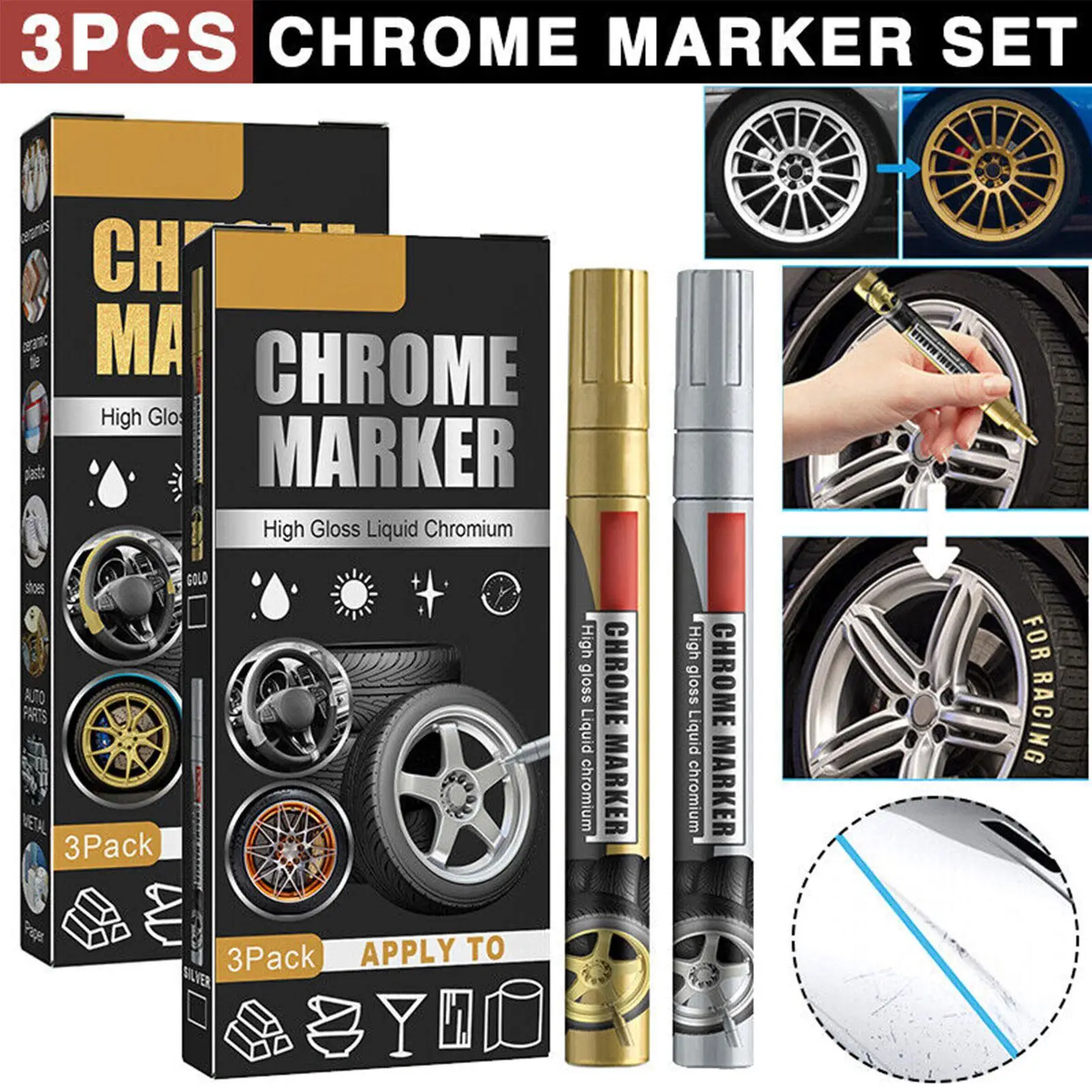 3Pcs/Set Chrome Marker Pen Car DIY Oily Paint Metallic Tyre Wheel Graffiti Paint Pens Markers Gold/sliver Color Car Trim Tools