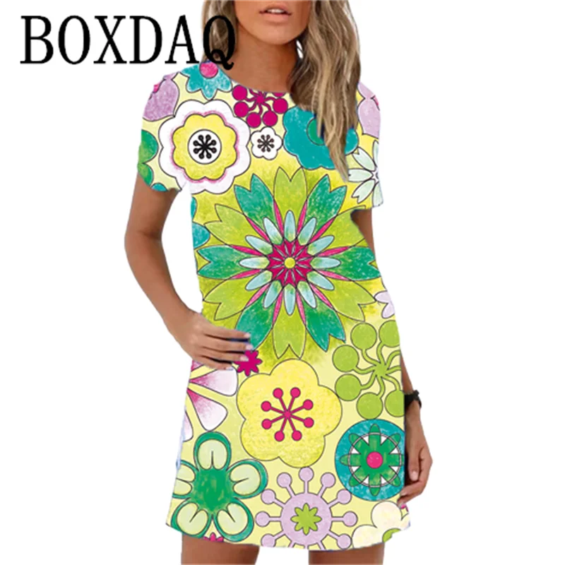 2023 nowe letnie sukienki damskie Retro Hippie 60s Vintage Flower Power luźna sukienka z linii Casual ponadgabarytowe damskie 3D Print Mini sukienka