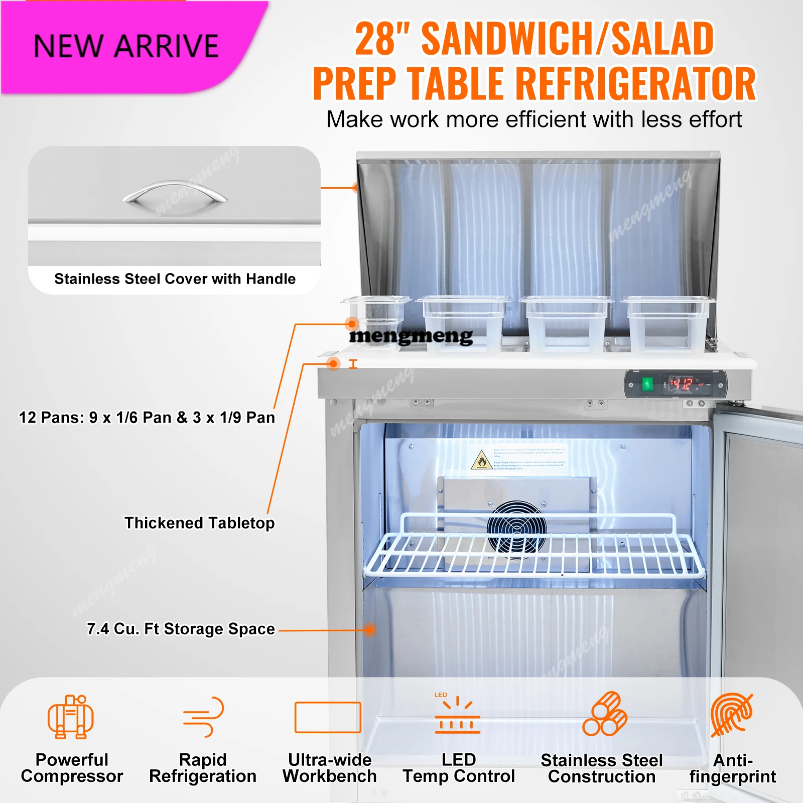 

Commercial Refrigerator Sandwich Salad Prep Table 7.4 Cu.Ft Stainless Steel Refrigerated Food Prep Station with Pan