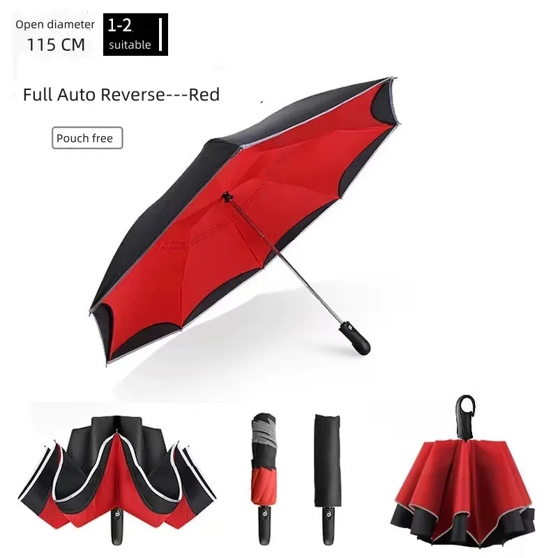 완전 자동 자기 방어 방풍 역방향 핸즈프리 자동차 반사 안전 우산, 이중 레이어 반전 스탠딩 파라솔  Best5