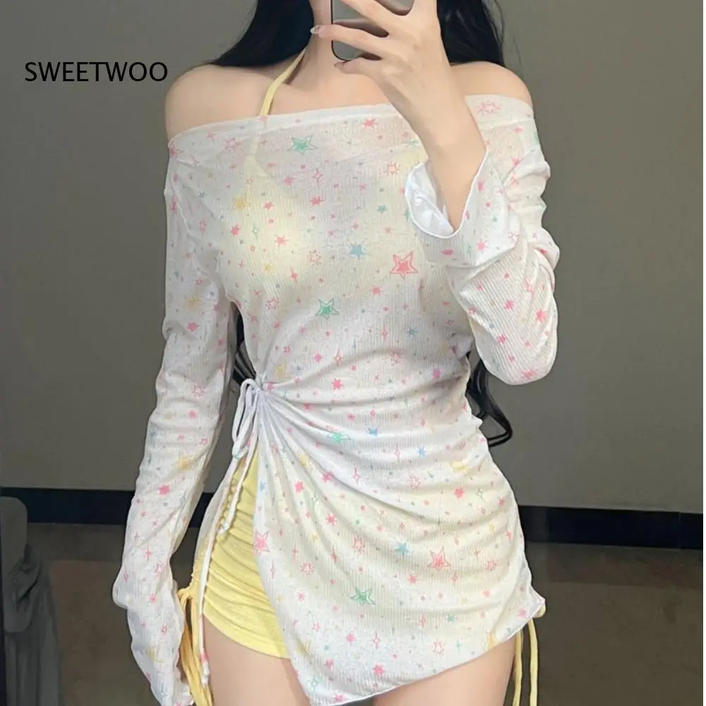 Women 3 Pieces Bikini Outfit Colorful Star Pattern Off Shoulder Long Sleeve Ruched Cover Up Top Drawstring Shorts Swimwear