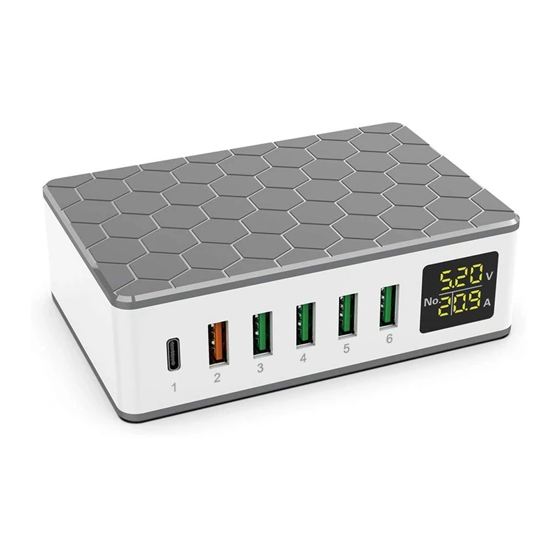 Multiple Port USB Charging Station Charger With 20W PD 2.0 Type-C USB Charger+QC3.0 Fast Charger,6-Port Charger,EU Plug