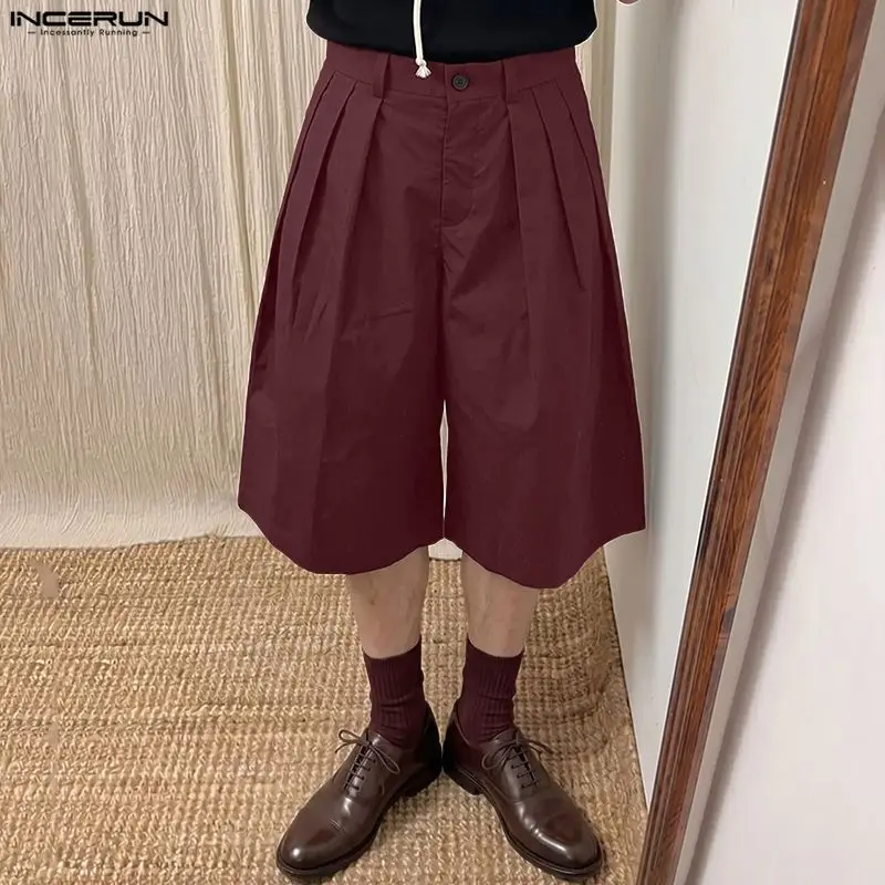 

INCERUN Men Pants Pleated Solid Color Button Joggers Oversize Wide Leg Trousers For Man Streetwear 2026 Casual Calf-length Pants