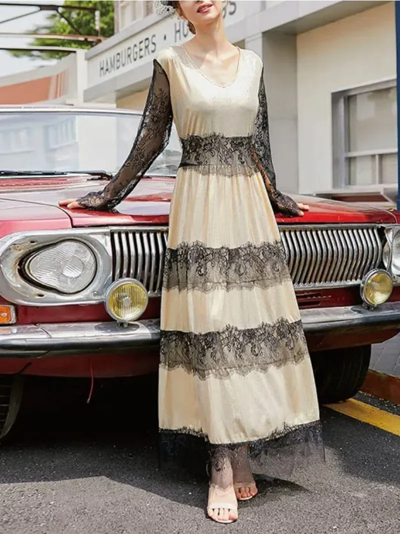 Women Long Skirt Mesh Lace Patchwork European and American Style High Waisted Long Sleeved Dress