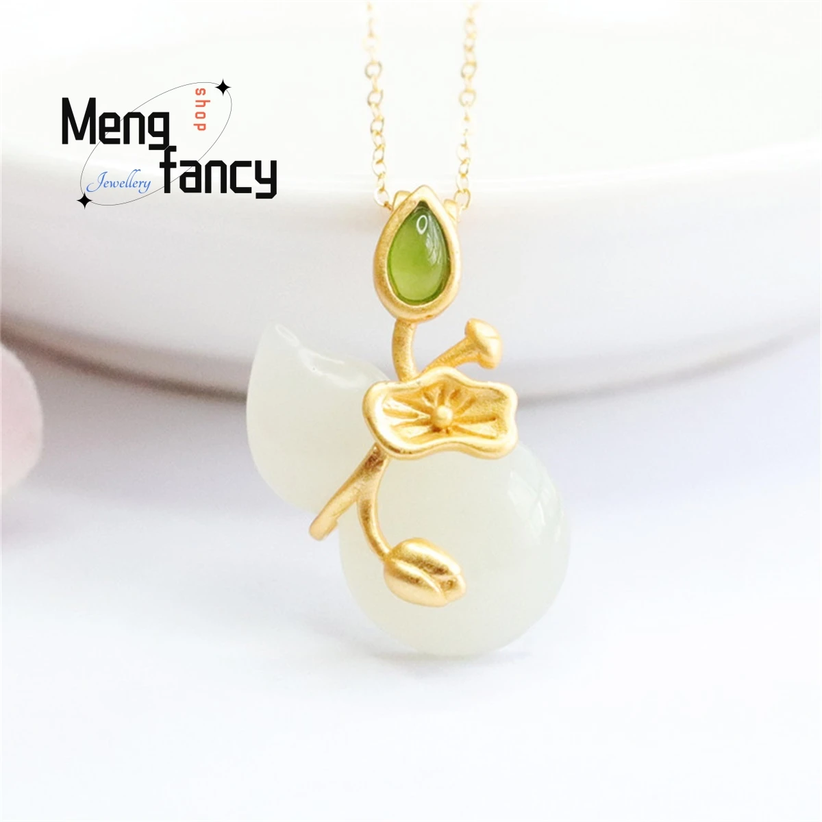 

Natural S925 Silver Inlaid Hetian White Jade Gourd Lotus Leaf Necklace Simple Generous Personality Charm Fashion Luxury Jewelry