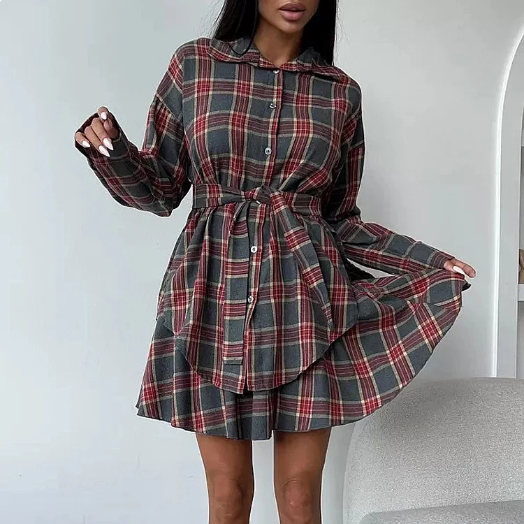 Fashion Plaid Skirt Set Women Blouse Tie Waist Pleated Midi Skirt Two Piece Matching Set