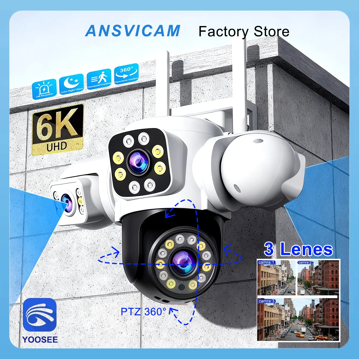 ANSVICAM 6K 12MP Outdoor Security Camera Triple Lens Triple Screen PTZ 360° View IP66 Weatherproof, Yoosee Color Night Vision