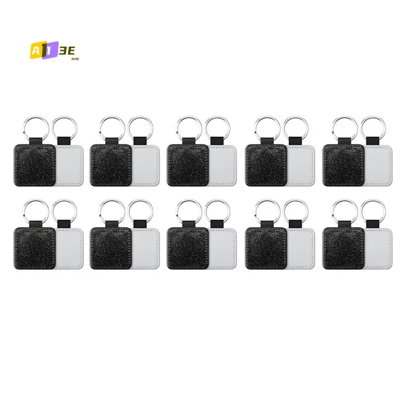 

A13E-20 Piece Sublimation Blanks Keychain Glitter PU Leather Keychain Heat Transfer Keyring Sublimation Blank Square Black