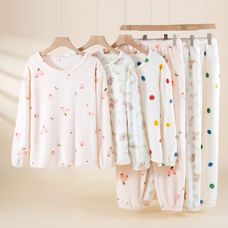 

Женские фланелевые пижамы, комплект одежды для зимы, теплый более толстый пуловер из кораллового флиса с круглым вырезом, домашняя одежда с героями мультфильмов, пижамный комплект