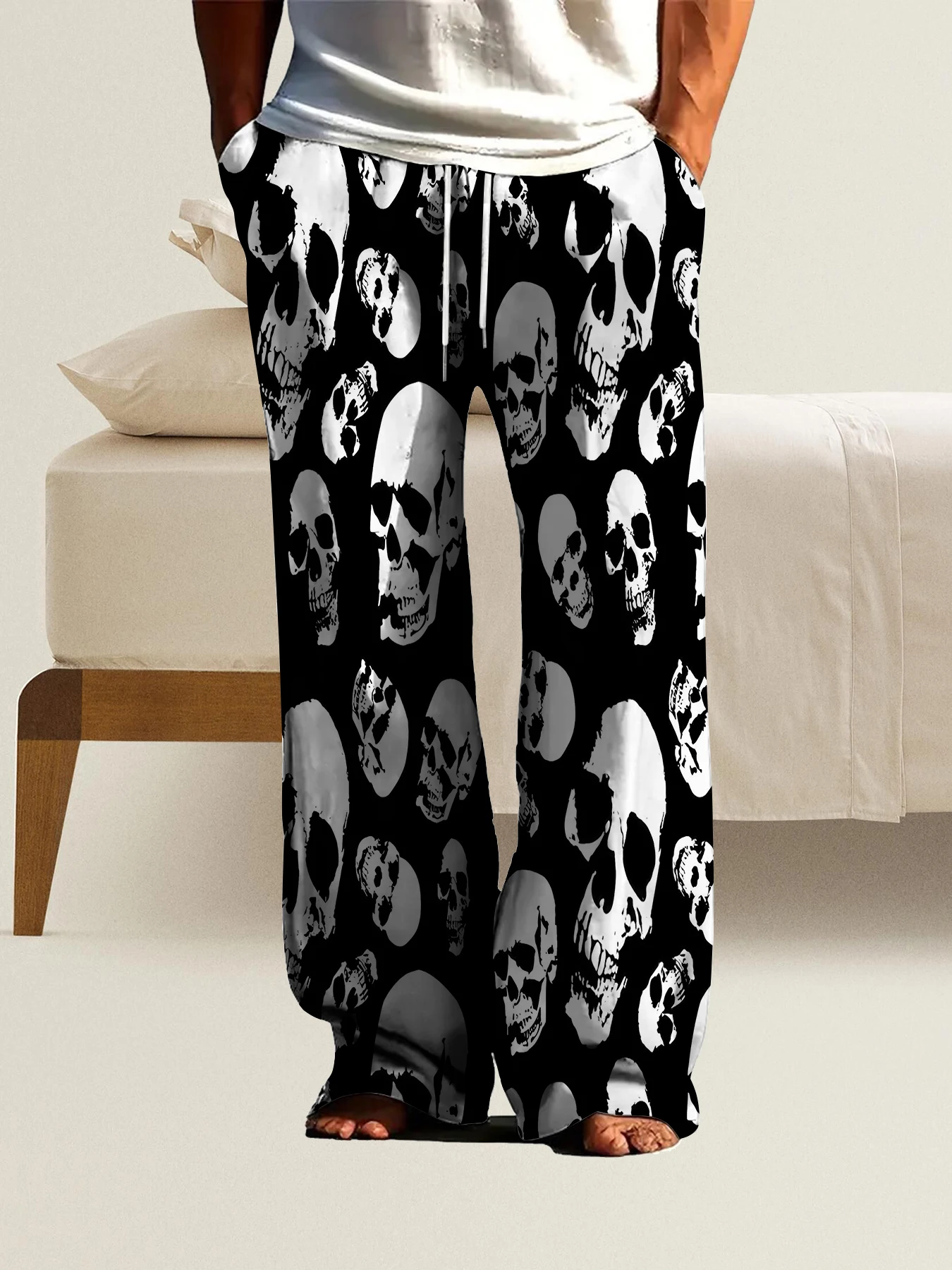 

2026 Men's Printed Straight Leg Pants Drawstring Waist Loose Fit Casual Summer Beach Wear Fashion Trendy Trousers