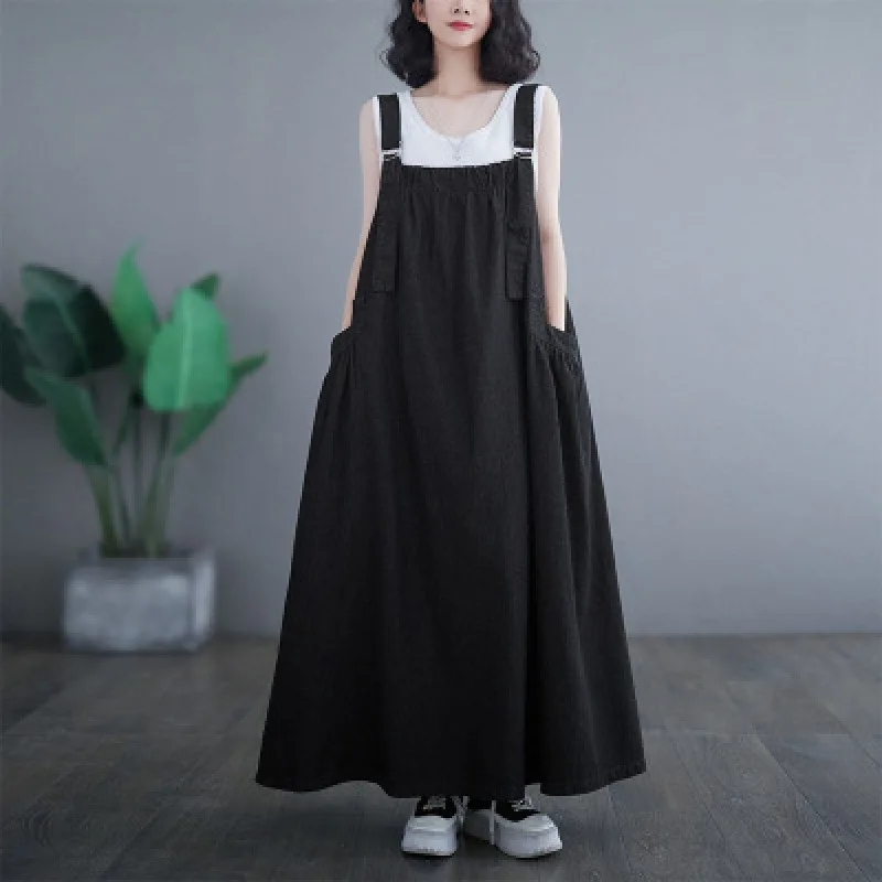Denim Dress Women Strap Dresses Sleeveless Overalls Sundress Pockets Maxi Gown Vintage Streetwear Washed Female Summer Vestidos