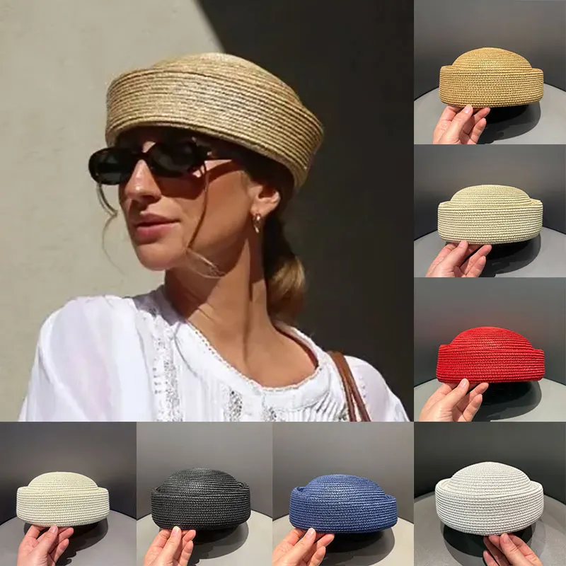New Summer Handemad Straw Pillbox Hat Fedoras Women's Sun Hat Circle Concave Top Colorful Beret Hat Church Derby Party Beach Hat