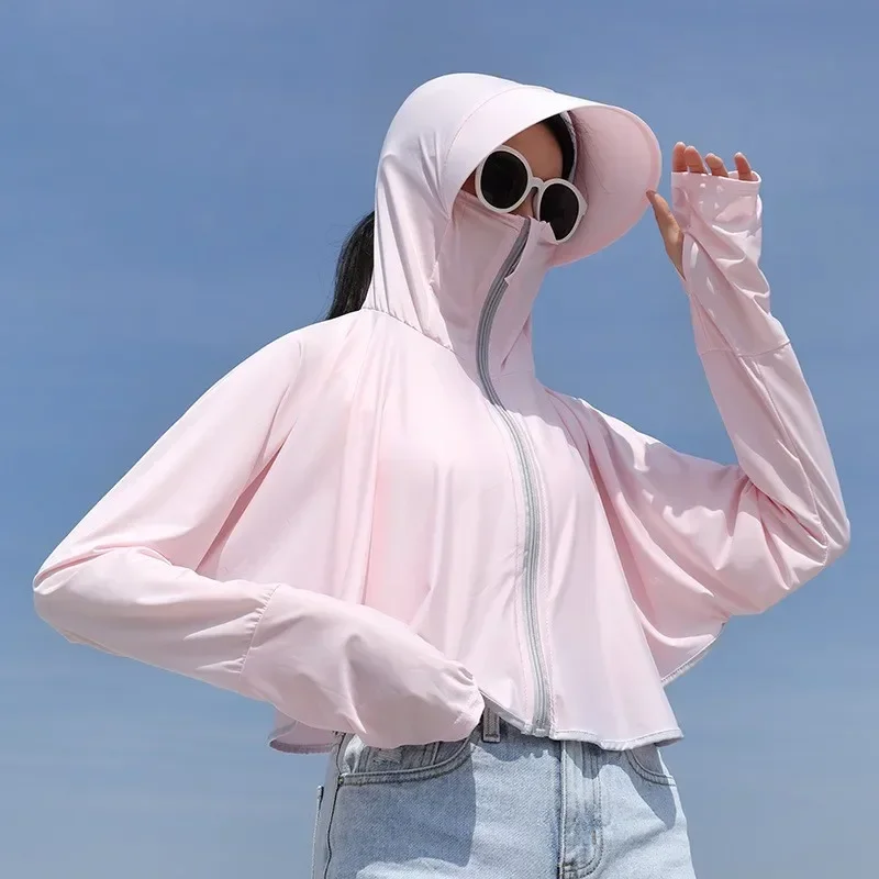 Summer UPF50 + Women Sunscreen Hoodie Long-sleeved Solid Color and Thin Jacket Breathable UV Protection Shirt Ice Silk Clothing