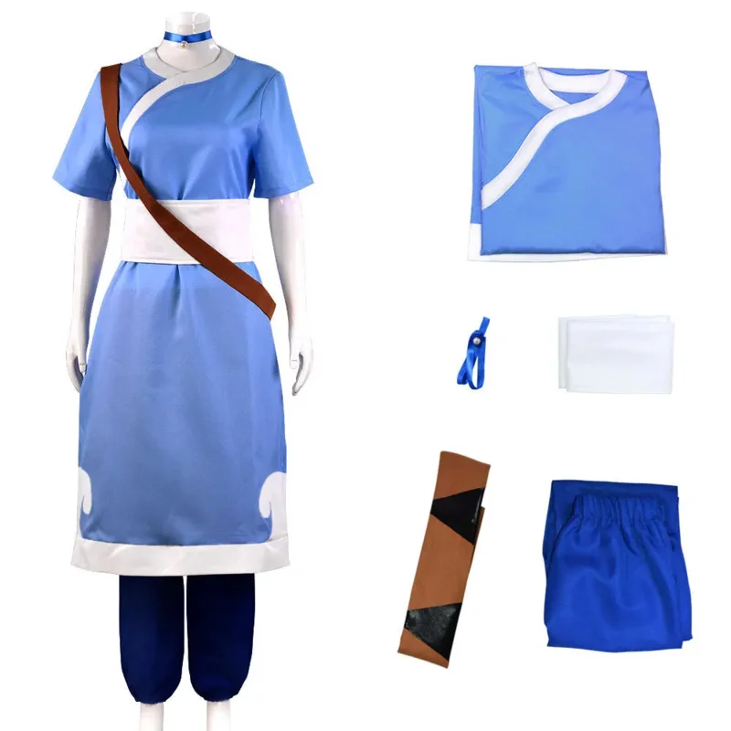 Anime Avatar The Last Airbender Katara Cosplay Traje, Fato Aang Uniforme, Roupas de Halloween, Vestido para Mulher, Homem