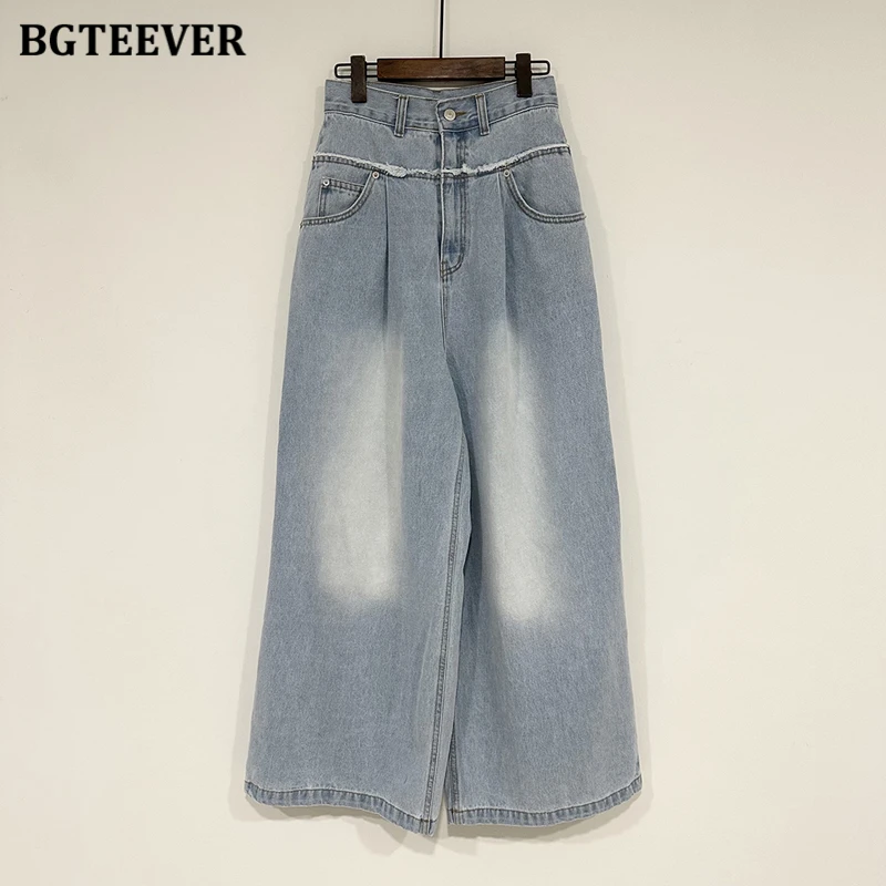 BGTEEVER 빈티지 하이 웨이스트 루즈 와이드 레그 청바지 여성용 봄 여름 포켓 여성 데님 바지